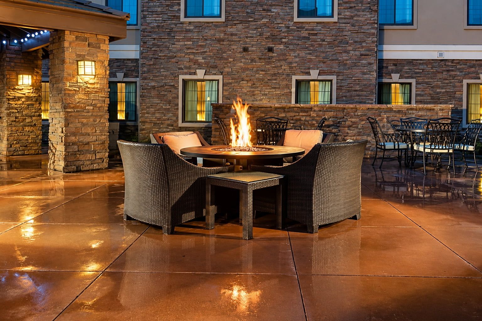 image Outdoor fire pit surrounded by comfortable chairs and seating.