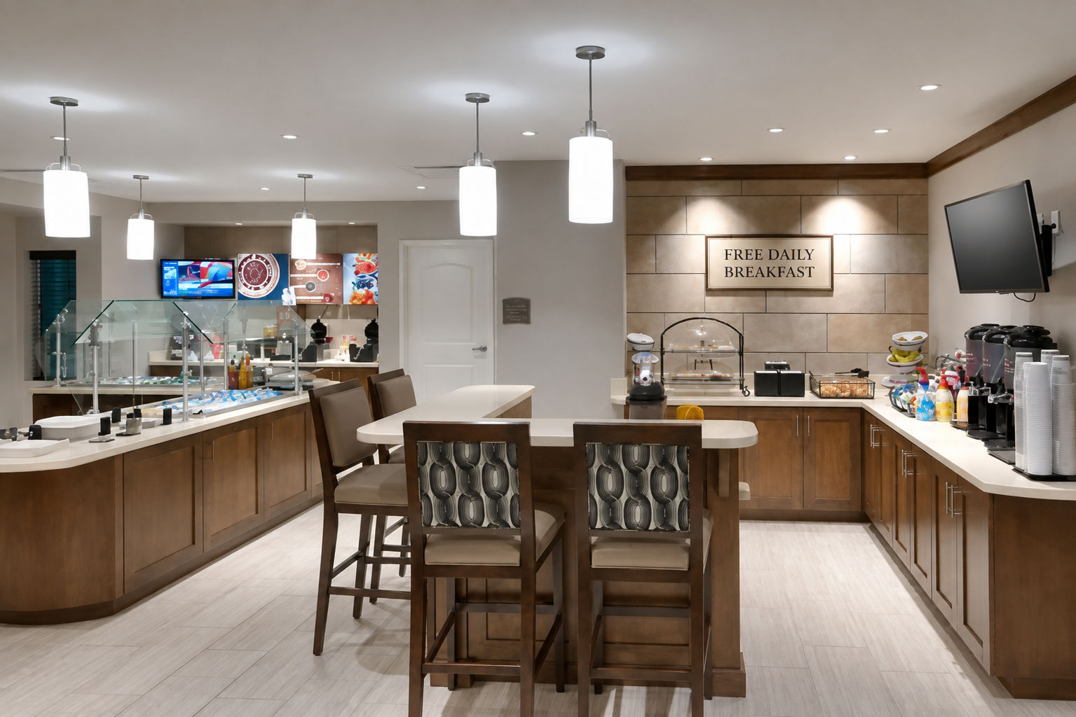 image Breakfast bar area with bar stools, pendant lighting, and coffee station.