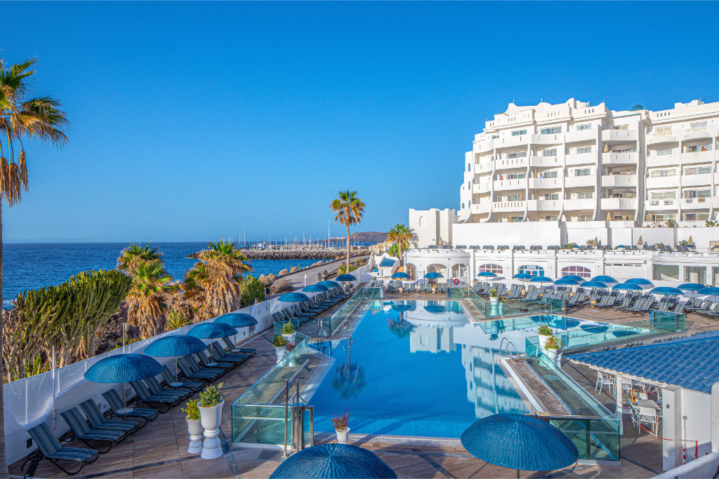 image A stunning aerial view of a pool stretching towards the sea, lined with loungers for sun-soaked relaxation.