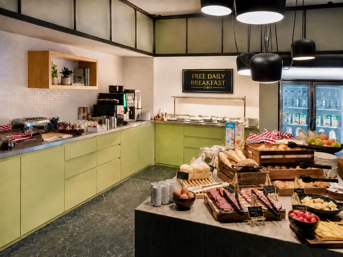 image Complimentary daily breakfast station with pastries, fresh fruit, eggs, and a coffee machine