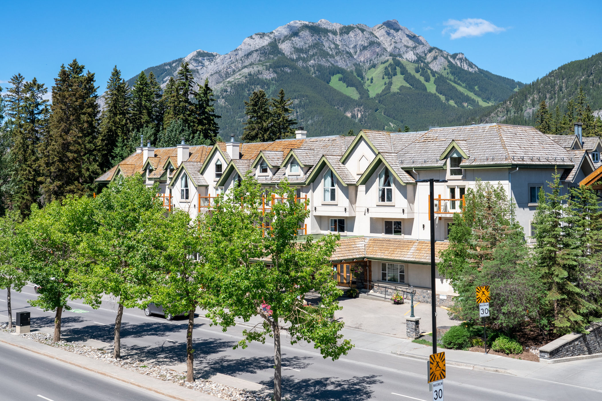 image Summer on Banff Avenue — green trees line the street with hiking trails visible on the ridge
