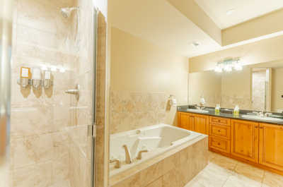 Bathroom with a tub, shower, and double sink vanity
