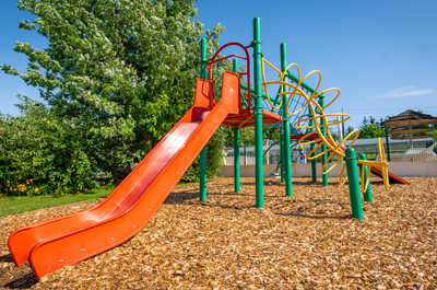 Vibrant slide and swings set in a park.