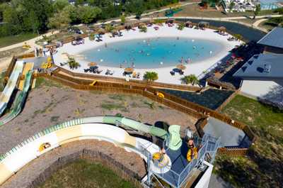 Aerial view of a curvaceous pool oasis.