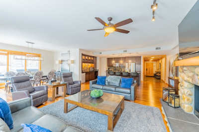 Open living area with dining space and kitchen