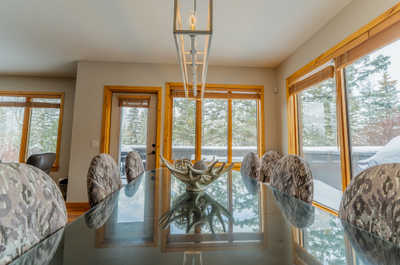 Dining area with a glass table and patterned chairs