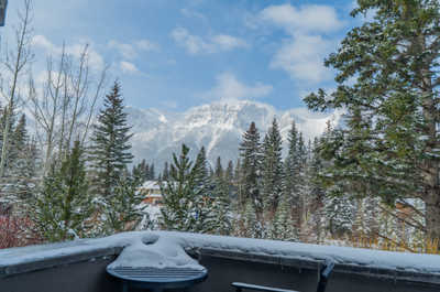 Snow-covered private deck with mountain backdrop and pine trees