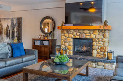 Living room with fireplace, TV, and furniture