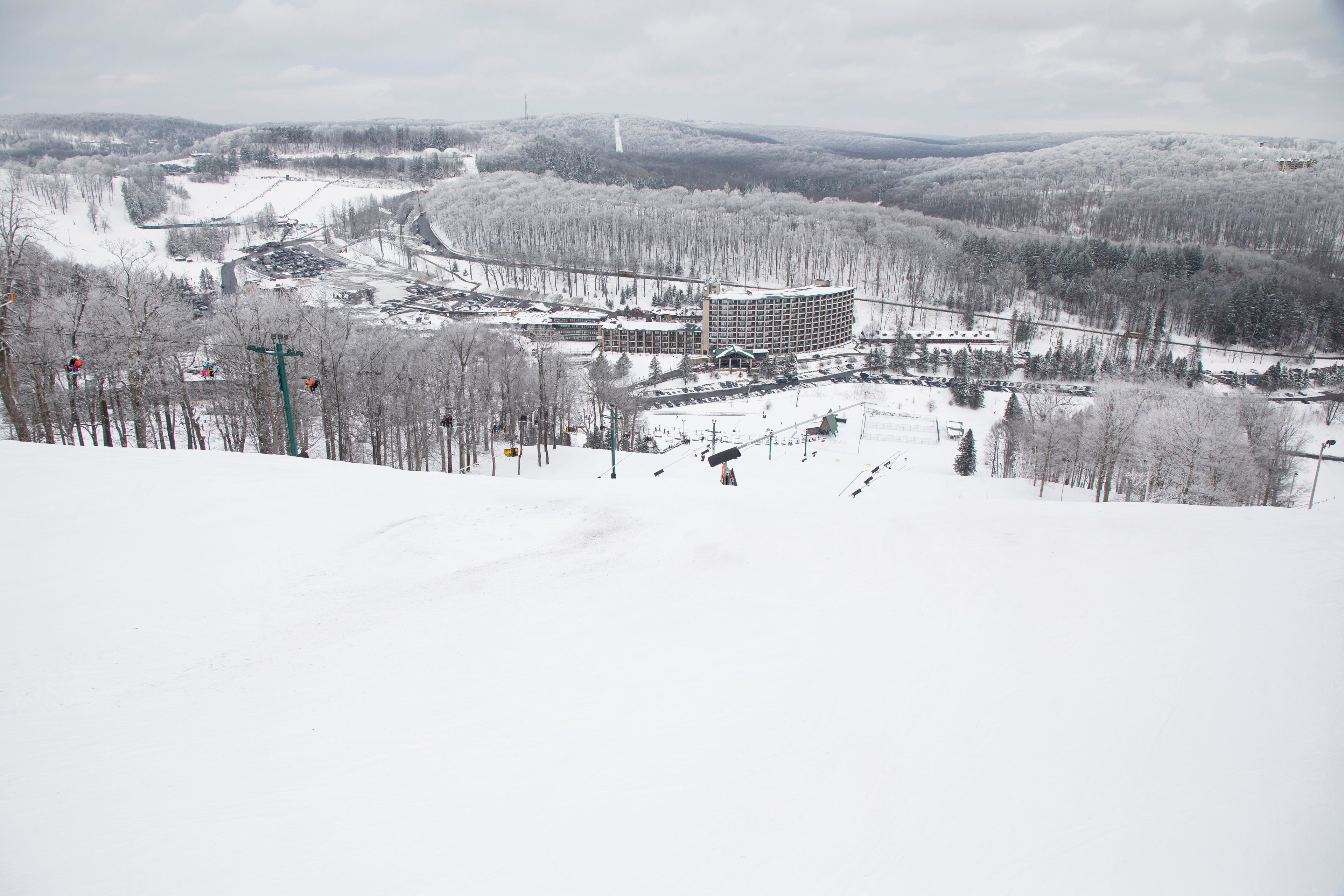 image The serene winter wonderland unfolds, showcasing pristine snowy slopes framed by frosted trees, perfect for exhilarating skiing.
