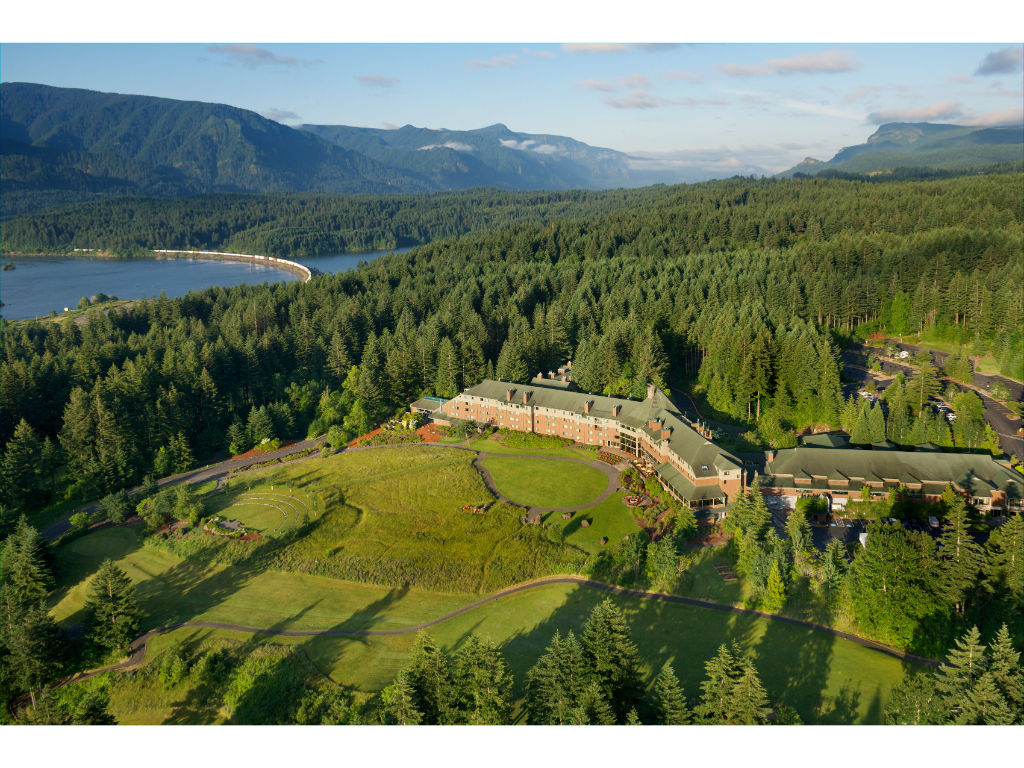 image Nestled in the lush landscape of the Columbia River Gorge, Skamania Lodge offers breathtaking panoramic views.