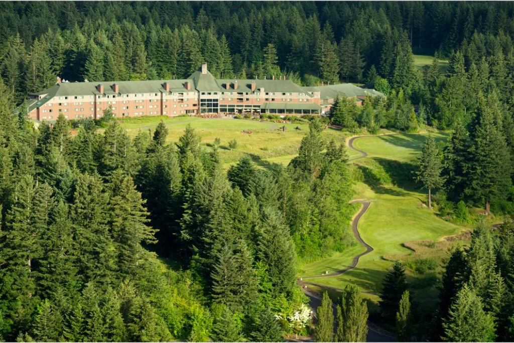 image Surrounded by lush forests, Skamania Lodge provides stunning views for a serene getaway.