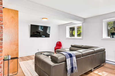 Basement living area with a Murphy bed and additional seating, ideal for extra guests or a cozy movie night.