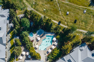 Bird's-eye view of the property, surrounded by lush summer greenery.