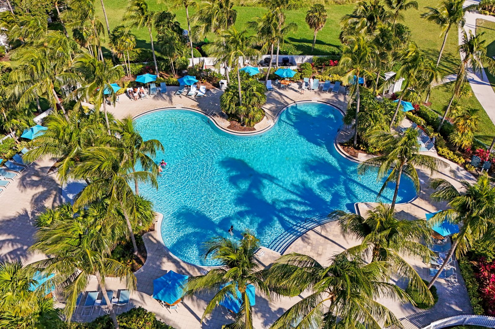image Lagoon Pool with turquoise water, umbrellas, and lounge chairs on manicured lawns.
