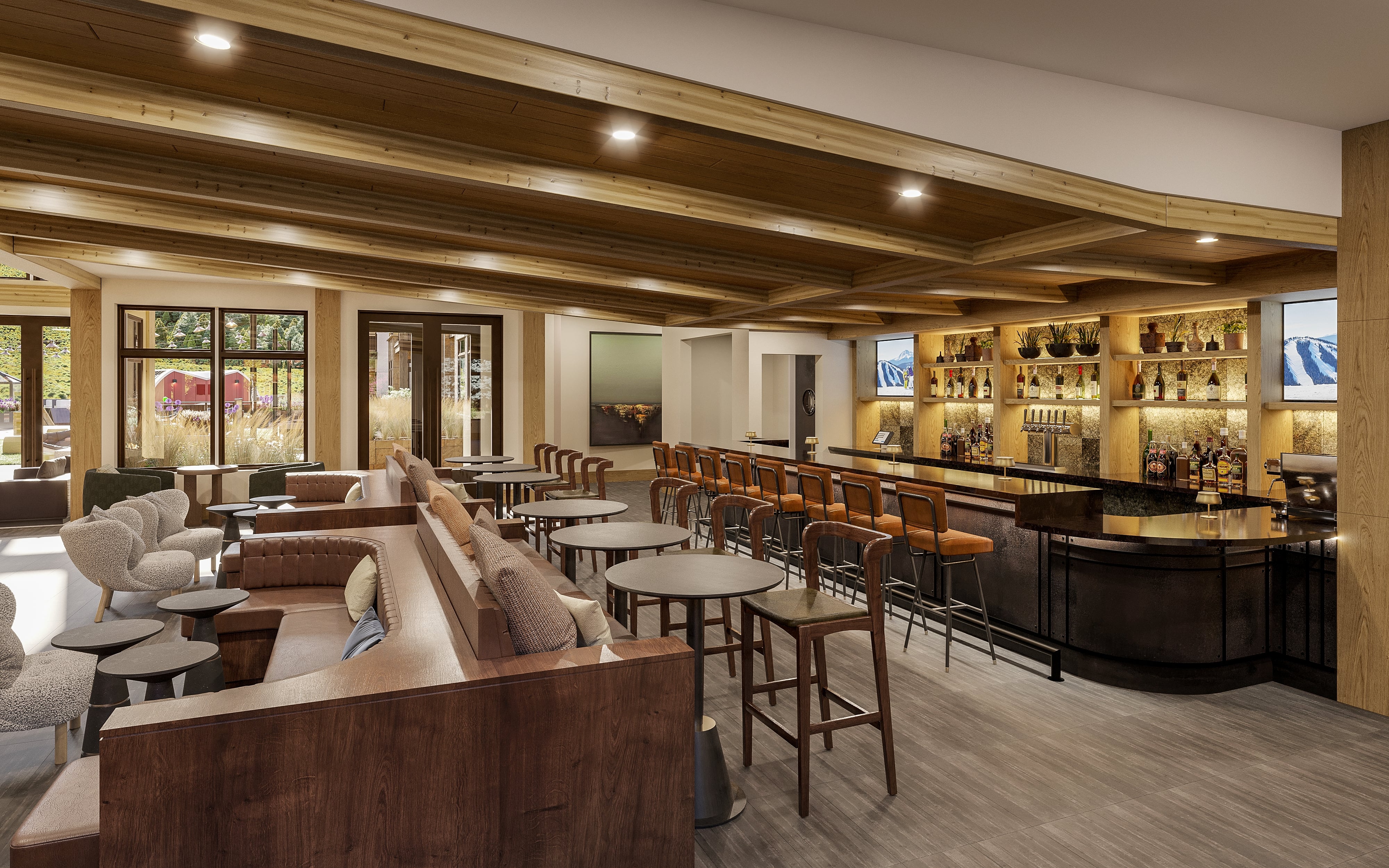 image Inviting lounge designed for après-ski conversations, with warm tones and a refined mountain ambiance.