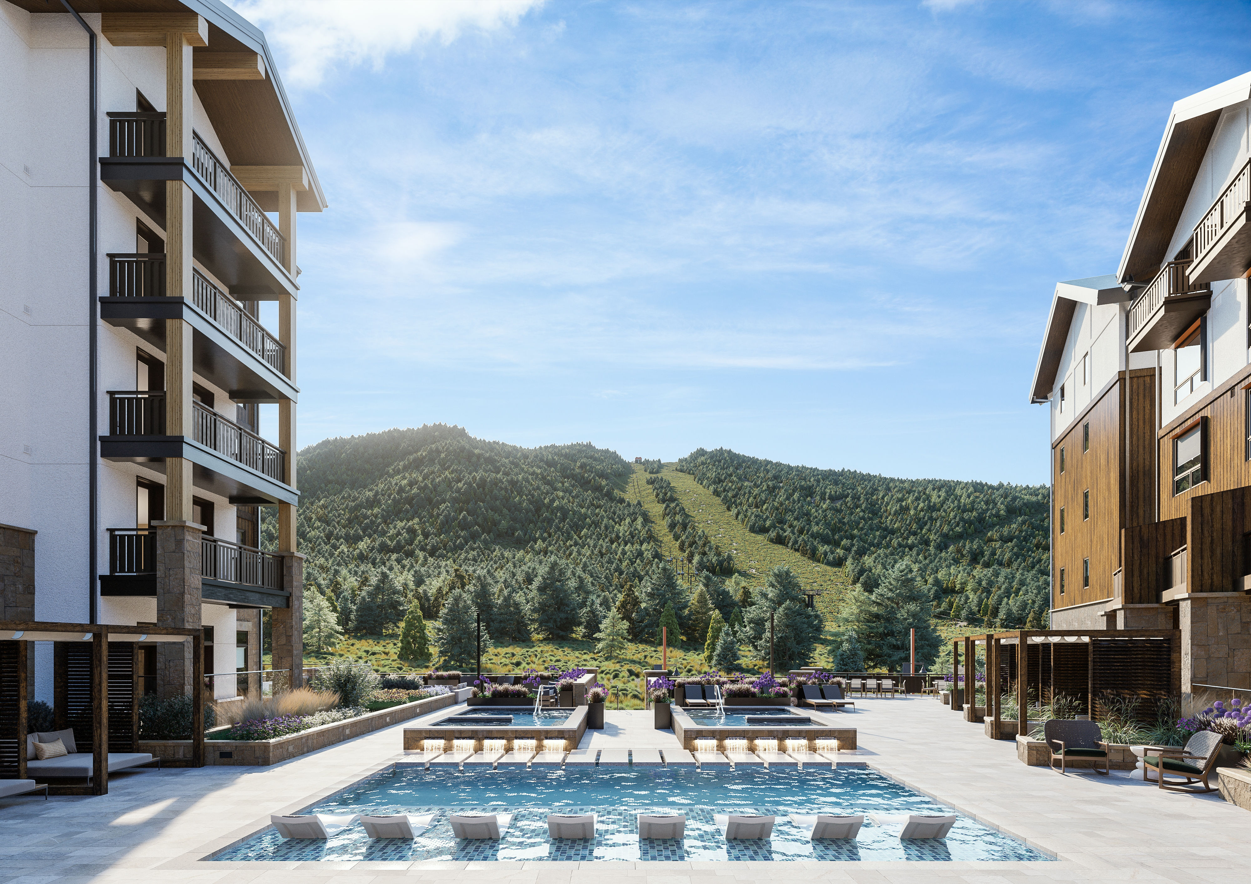 image Relax by the sparkling pool while taking in sweeping slope side mountain views under the open sky.