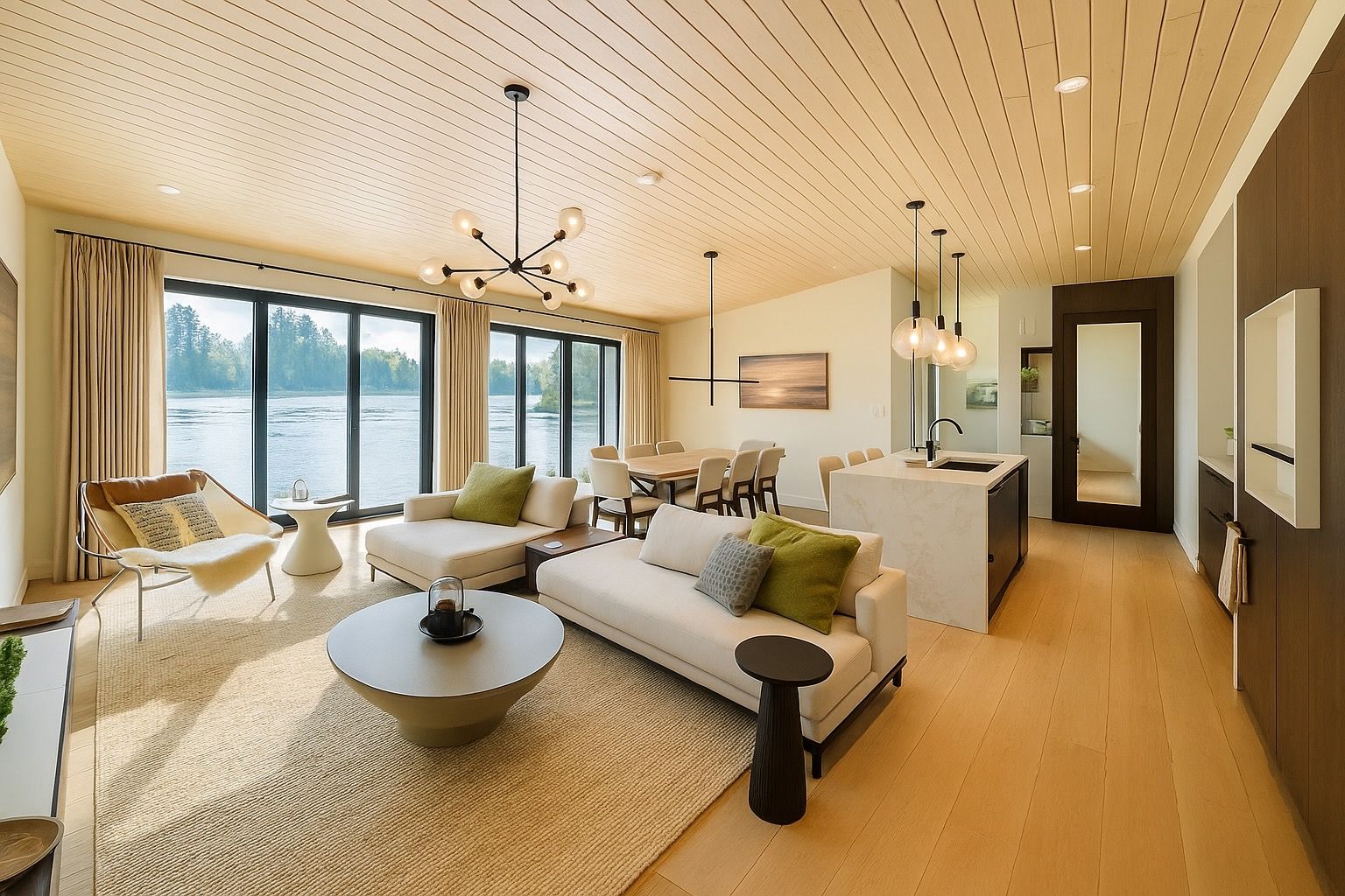 image Sunlit open-concept living room with floor-to-ceiling windows framing the calm waters of Stoney Lake.
