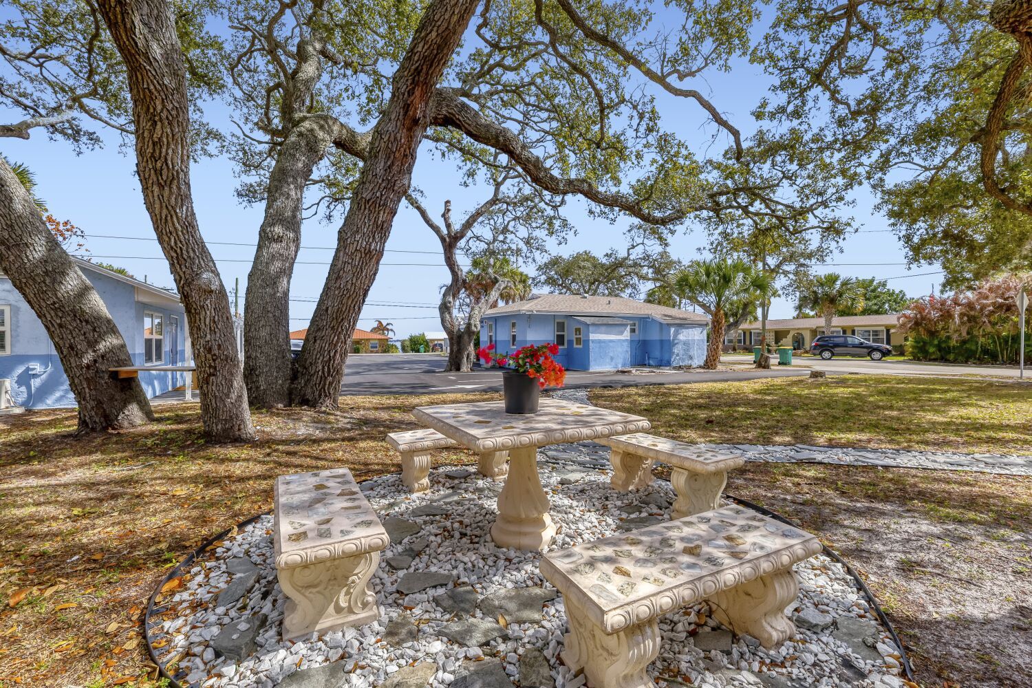 image Outdoor seating area with a stone table and benches set beneath leafy trees beside a blue house.