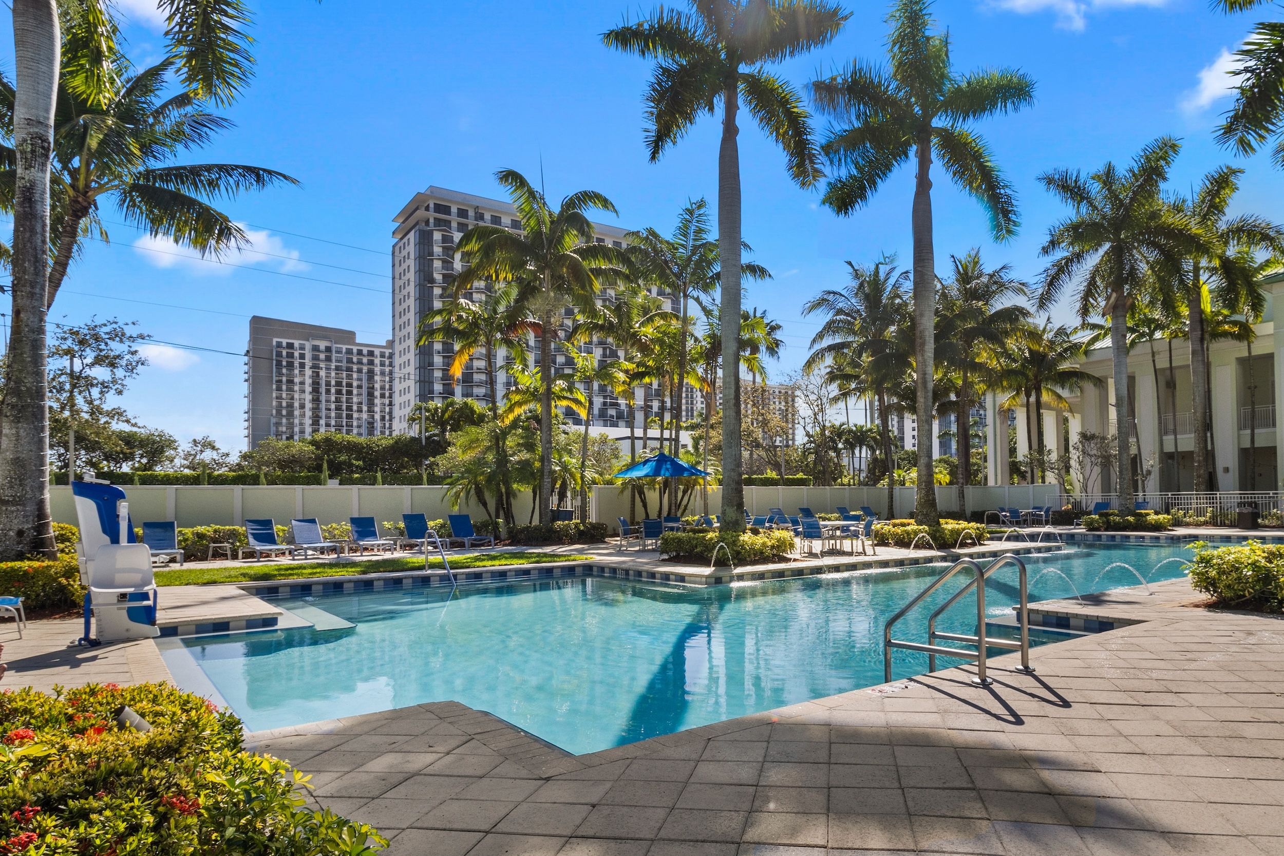 image Spacious outdoor pool with palm-lined surroundings and views of the nearby city skyline.