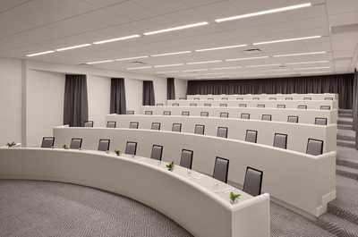 A tiered amphitheater setup for large meetings and conferences, with sight lines from every seat