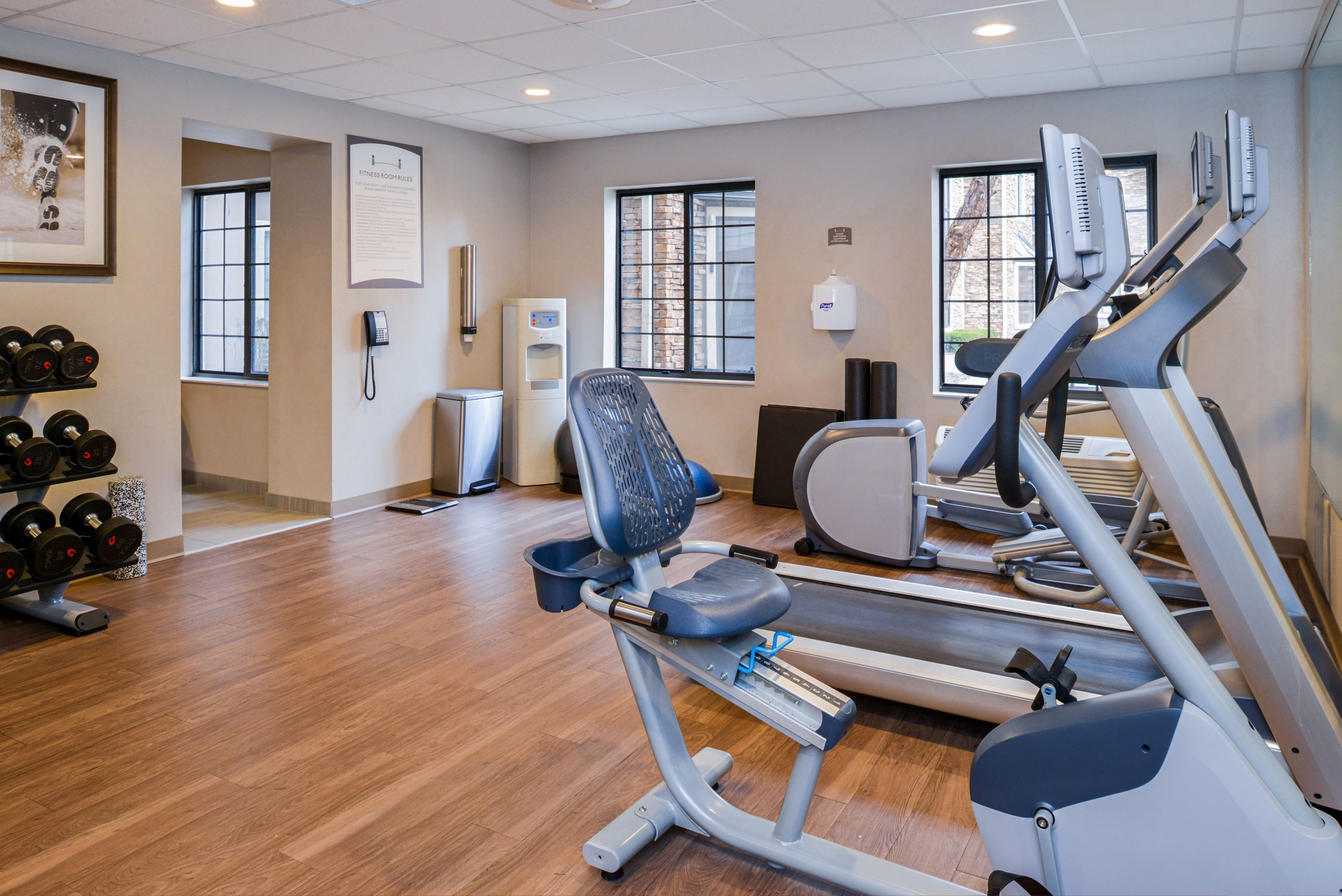 image Fitness room showcasing cardio machines and selection of dumbbells.