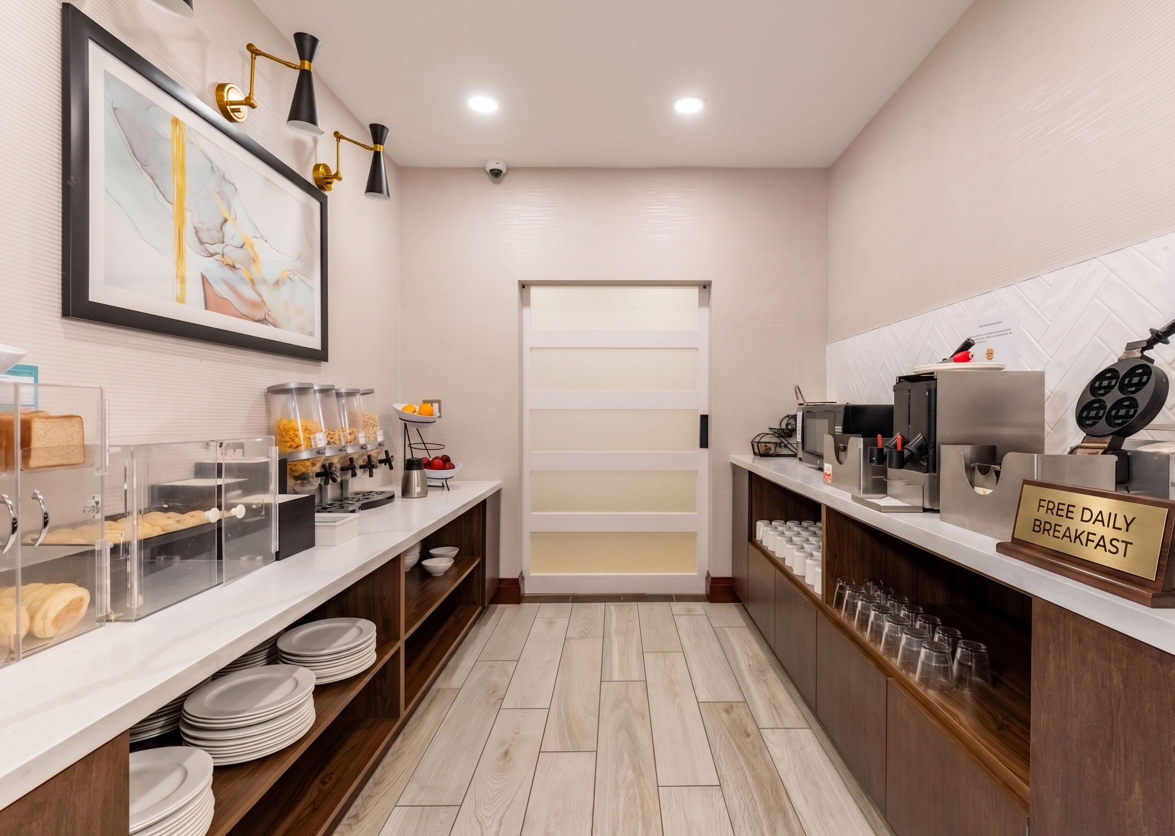 image Breakfast service station with dispensers, plates, and food items.