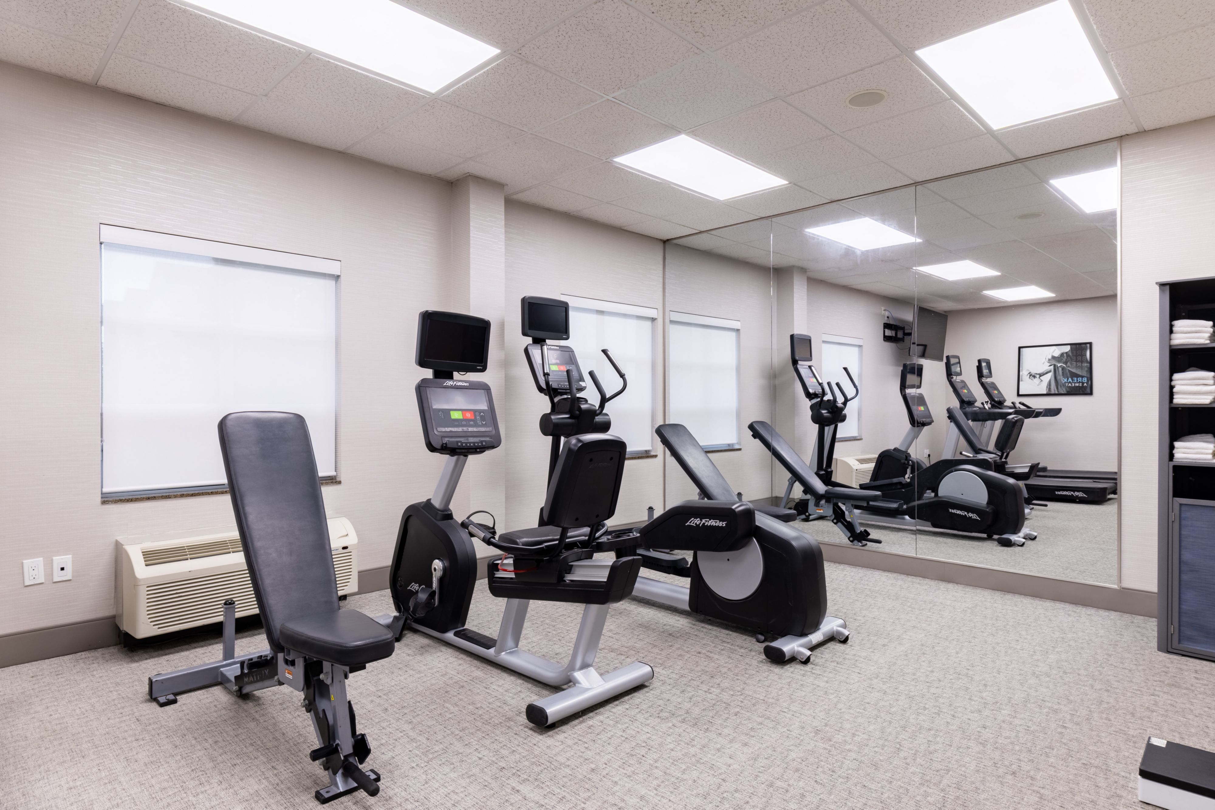image Fitness center with cardio machines and exercise equipment.