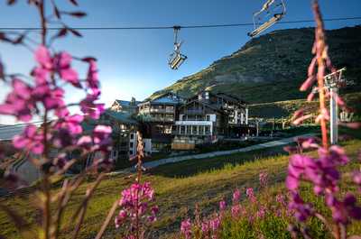 Pink fireweed in full bloom frames the village in summer — the ski lifts a reminder that the slopes are just minutes away.