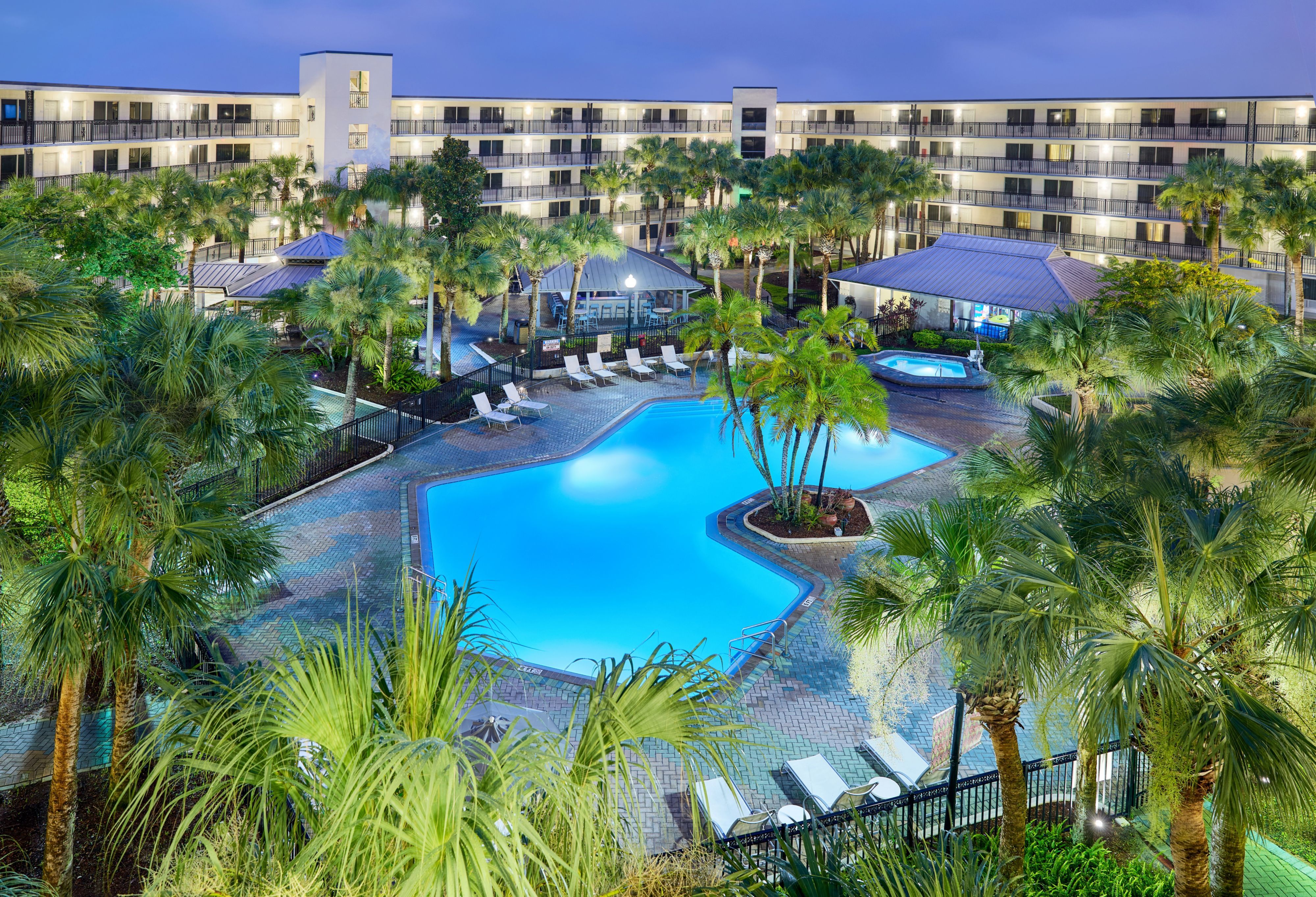 image Illuminated outdoor pool at night with tropical landscaping.