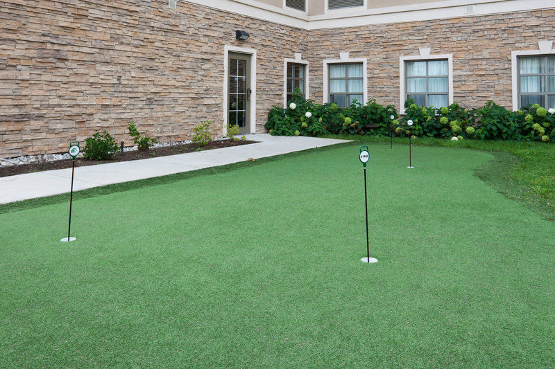 image Outdoor putting green with flag holes adjacent to the building.
