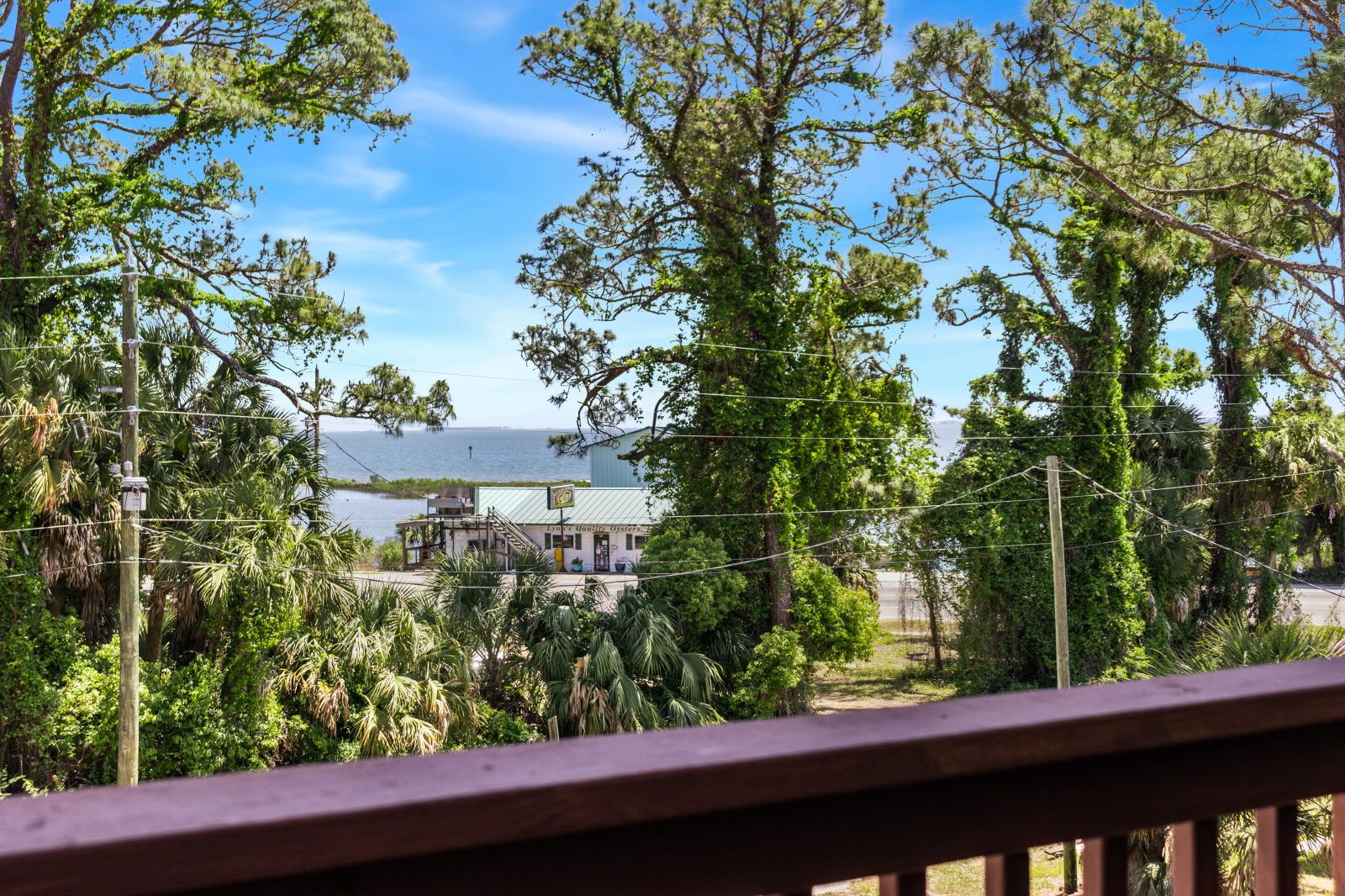 image Gaze out from the balcony, where glimpses of the bay peek through lush trees.