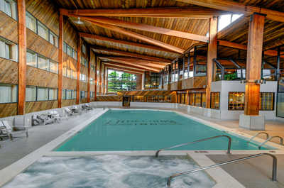 Relax and unwind in a serene indoor retreat, surrounded by warm wooden accents and calming waters.