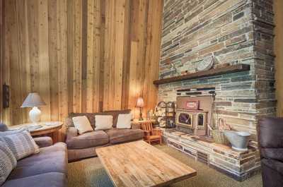 Stone fireplace with open grate anchors the living room, flanked by wooden walls and seating