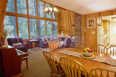 Dining area with wooden chairs and decorative table runner, forest views through the window
