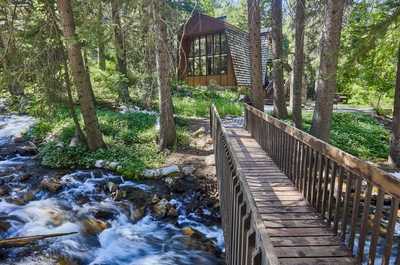 Wooden footbridge crosses a mountain stream, surrounded by tall trees and rushing water below