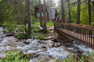 Mountain stream flows beside the cabin, with a private bridge and vibrant green foliage