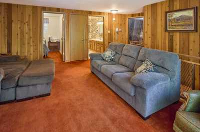 Orange carpet and gray sofas lead toward bedroom doorways, set against wood-paneled walls