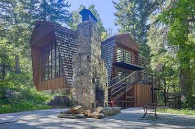 Sloped shingle roof and stone chimney viewed from outside, surrounded by tall pines