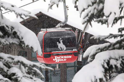 Falling snow surrounds the gondola on its climb to the summit.