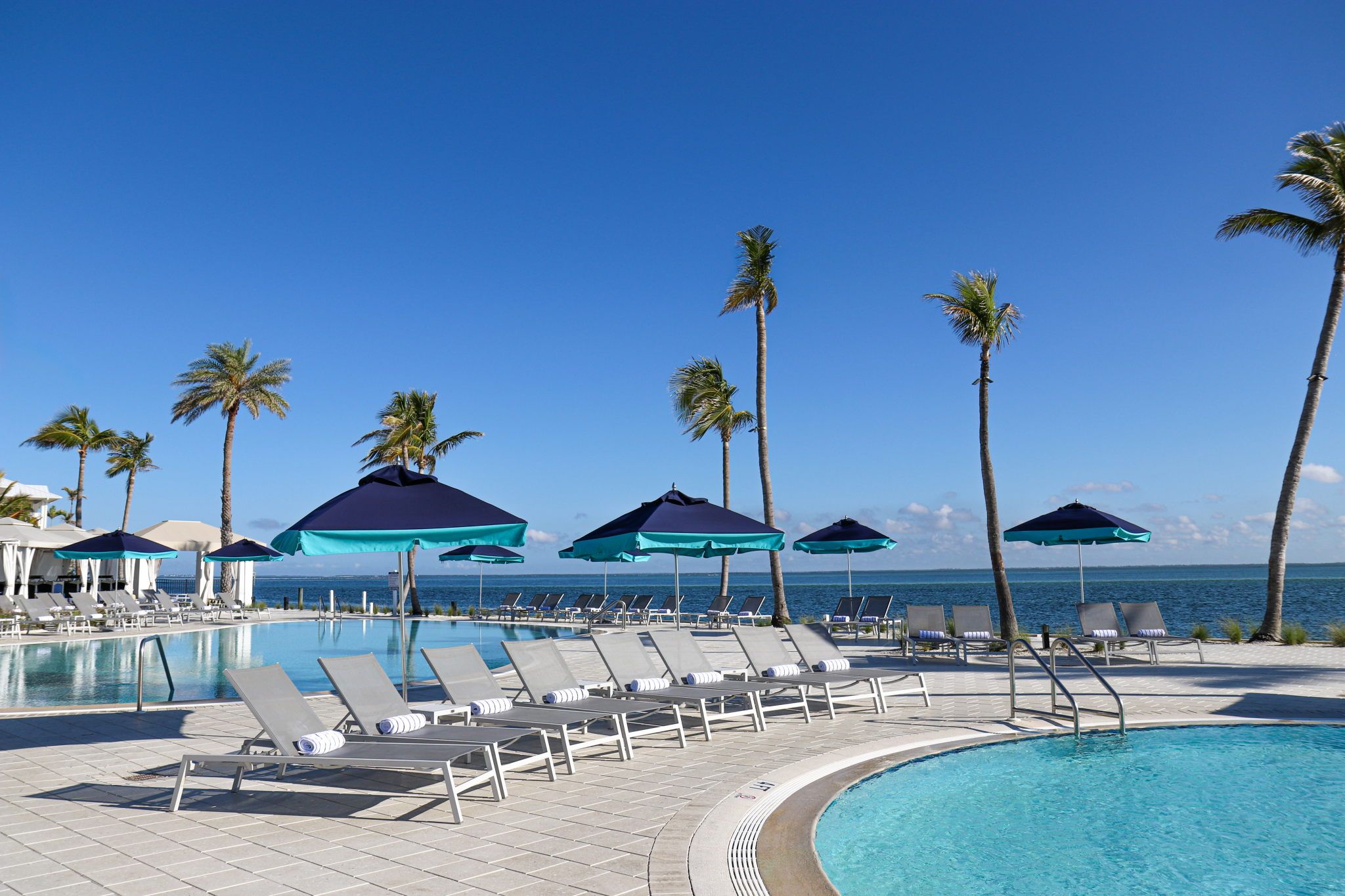 image Stretch out poolside with palm trees framing the water and lounge chairs steps from the edge.