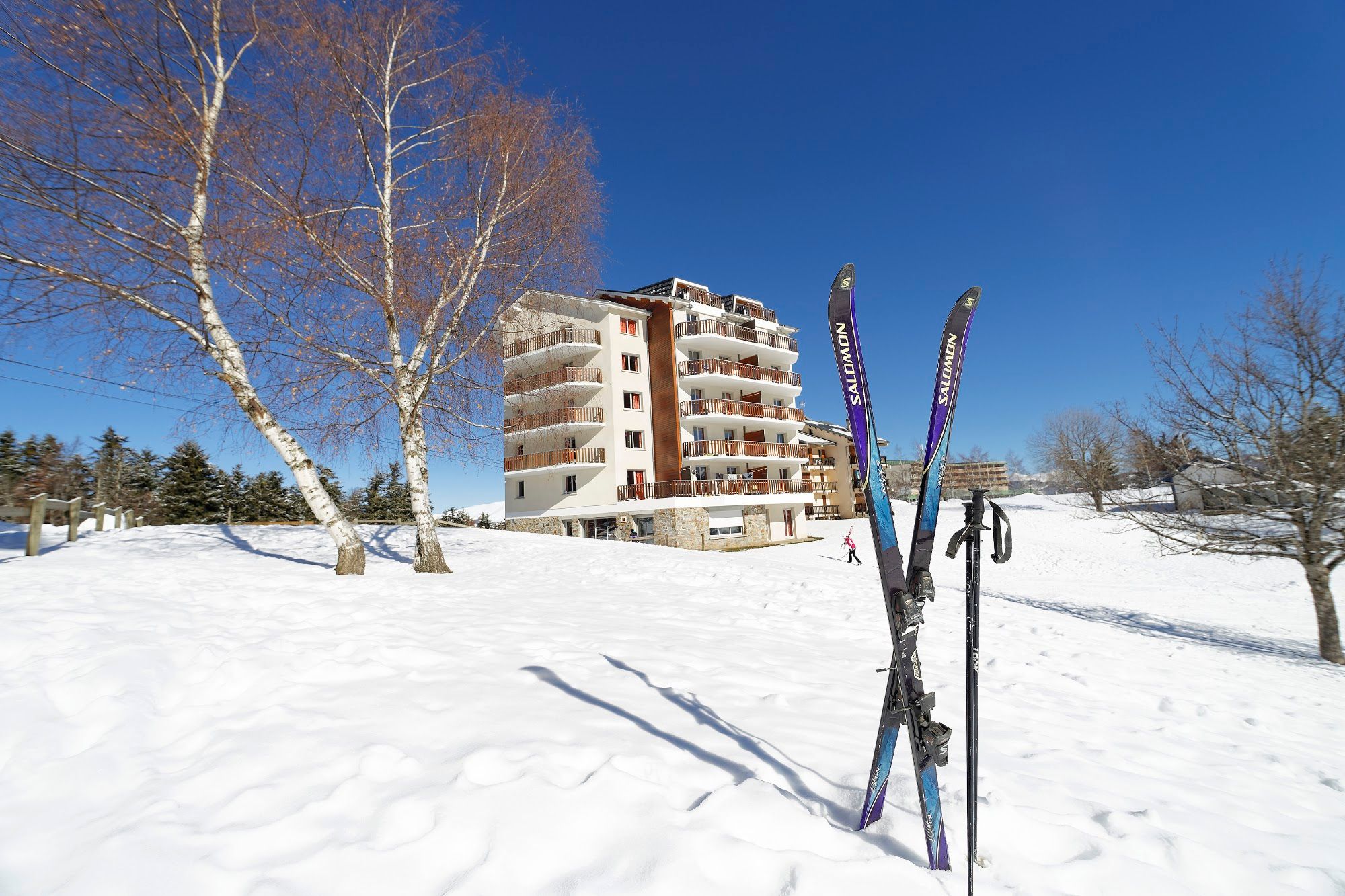 image Snow-laden birches frame the building as a skier crosses the piste.