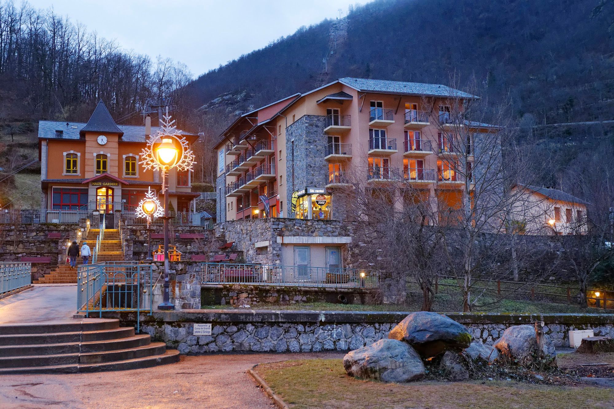 image Home base for your Ax 3 Domaines ski week, lit up as the lifts close for the day.