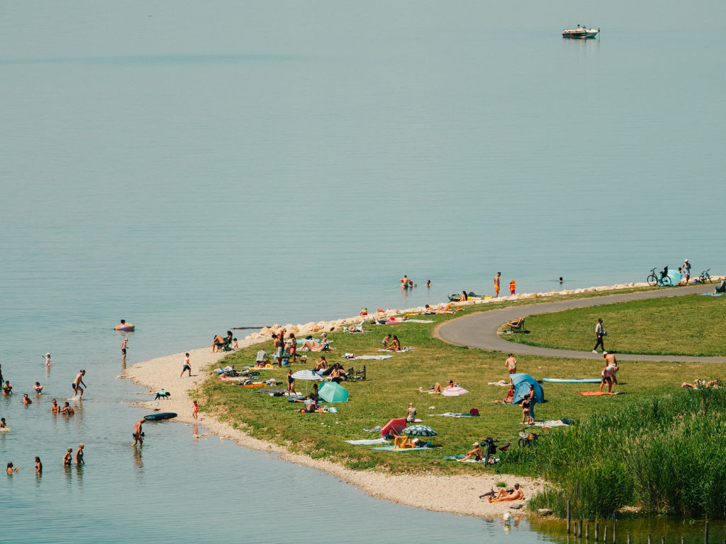 image Lakeside with people relaxing, swimming, and walking.