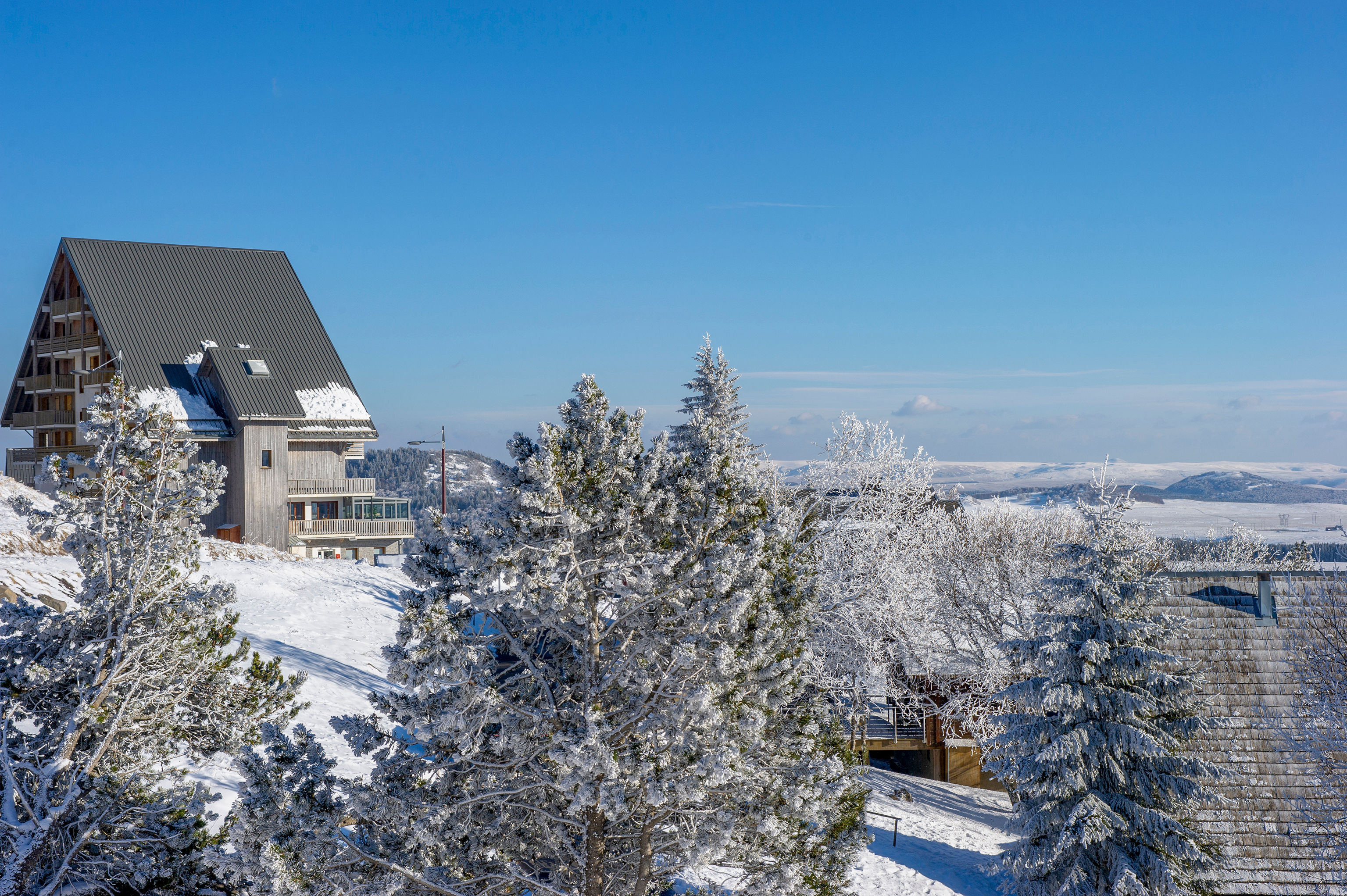 image Frosted pines frame the residence in winter.