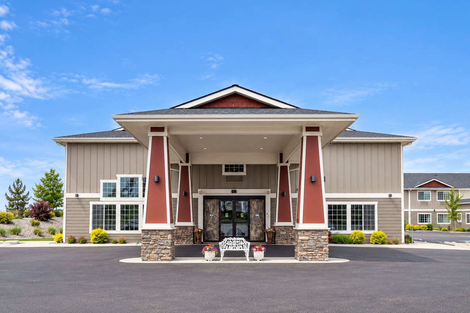 image Main entrance with planters and flowers